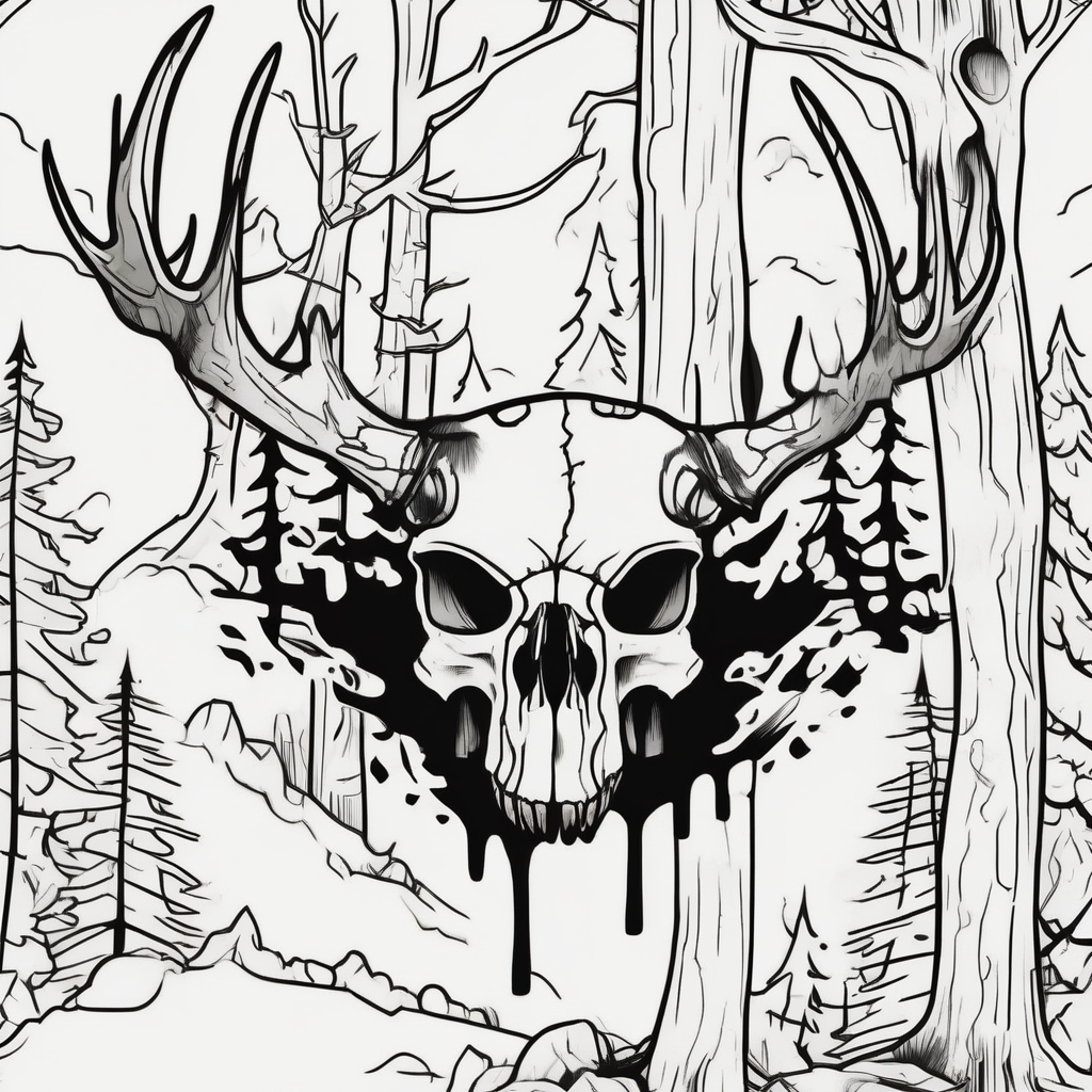 A side view of a frightening horror DECAYING deer skull JUST BONE surrounded by a forest fire in background, diseño de tatuaje Cartoon generado con IA