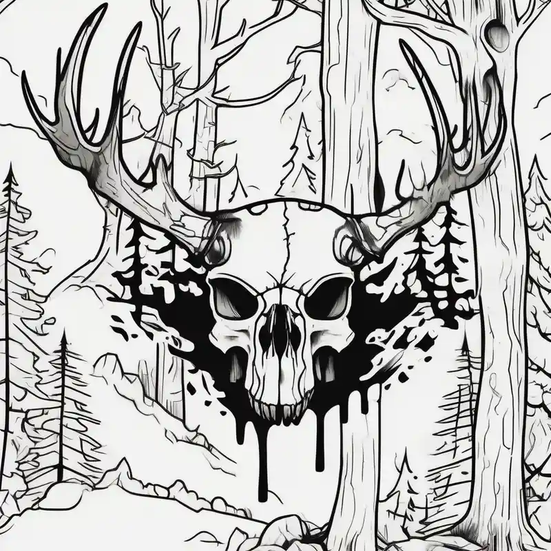 cartoon style Designs et Significations de Tatouages Cerf about A side view of a frightening horror DECAYING deer skull JUST BONE surrounded by a forest fire in background and A side view of a frightening horror DECAYING deer skull JUST BONE surrounded by a forest fire in background