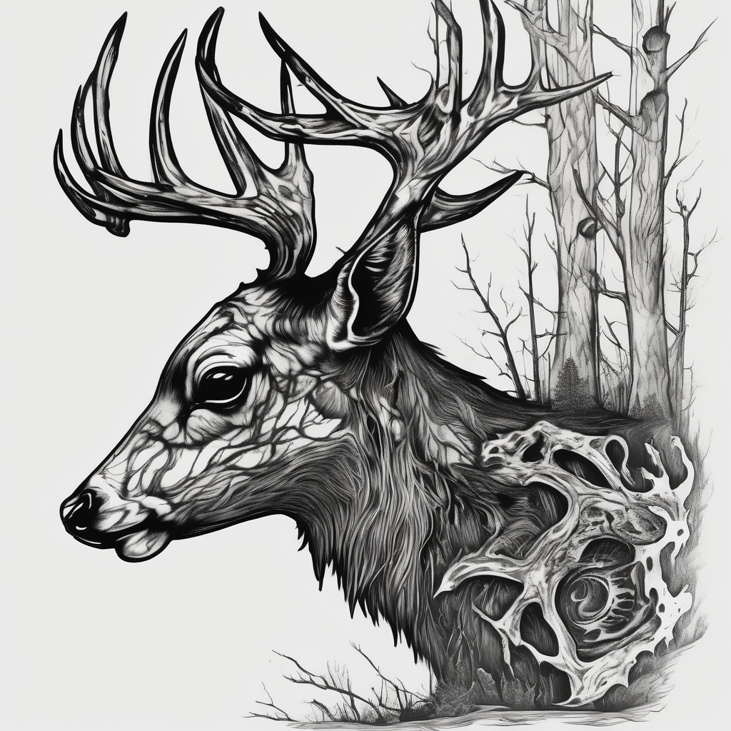 A frightening horror DECAYING deer carcass JUST BONE FROM THE SIDE surrounded by a forest fire in background, diseño de tatuaje Blanco y negro generado con IA
