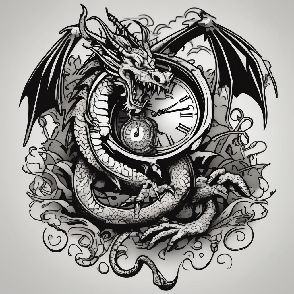 Horror dragon tattoo with clock, dollars and palm on background, diseño de tatuaje Cartoon generado con IA