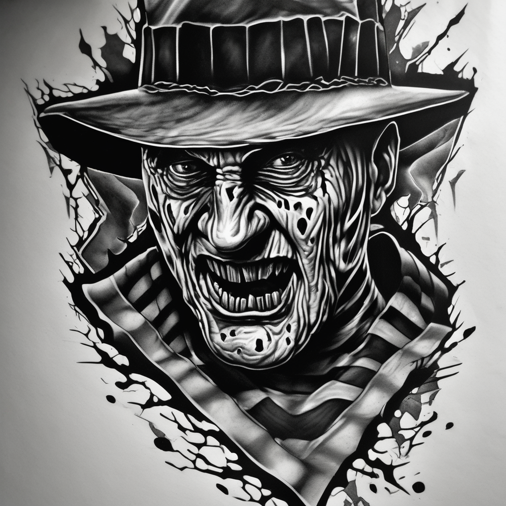 Realistic horror movie Freddy Krueger Ripping through skin, diseño de tatuaje Blanco y negro generado con IA