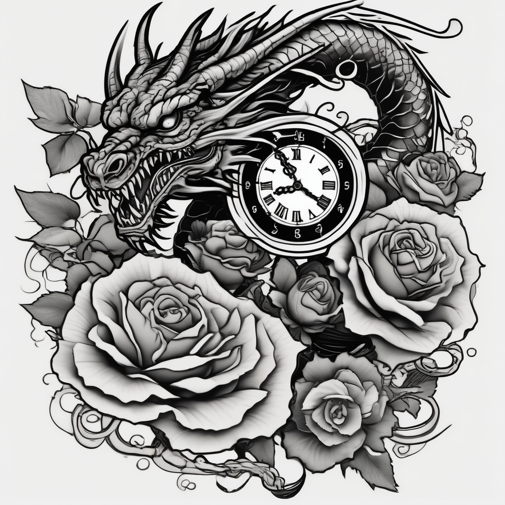 Horror dragon tattoo with clock, dollars and roses on background, diseño de tatuaje Japonés generado con IA