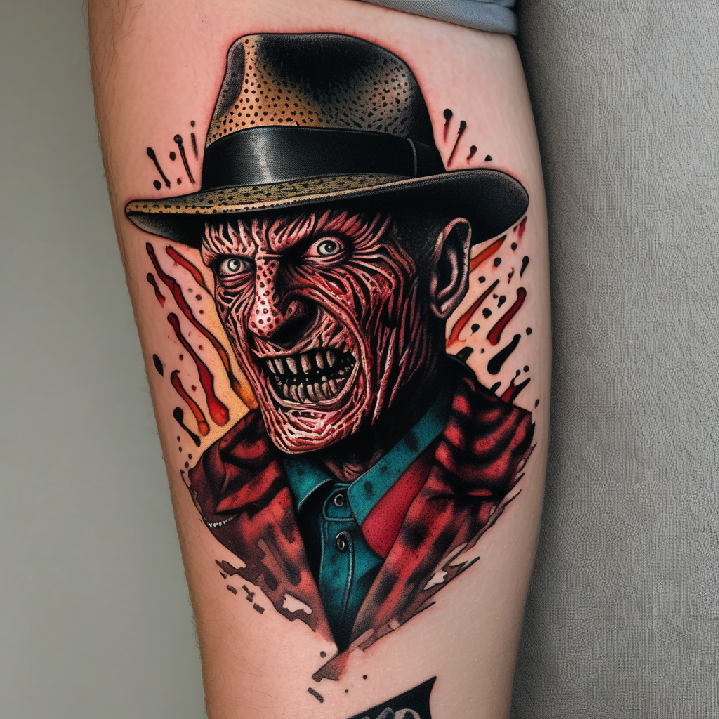 Realistic horror movie Freddy Krueger Ripping through skin, diseño de tatuaje Dotwork generado con IA