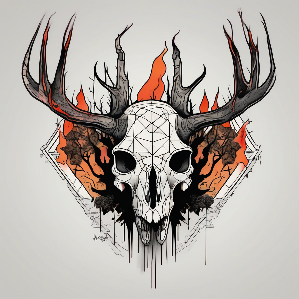 A side view of a frightening horror DECAYING deer skull JUST BONE surrounded by a forest fire in background, diseño de tatuaje Geométrico generado con IA