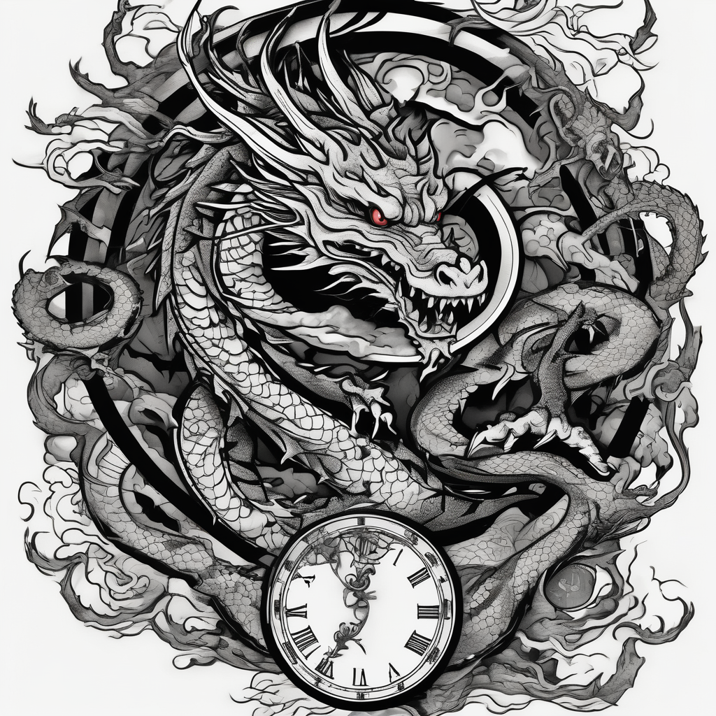 Horror dragon tattoo with clock, dollars on background, diseño de tatuaje Japonés generado con IA