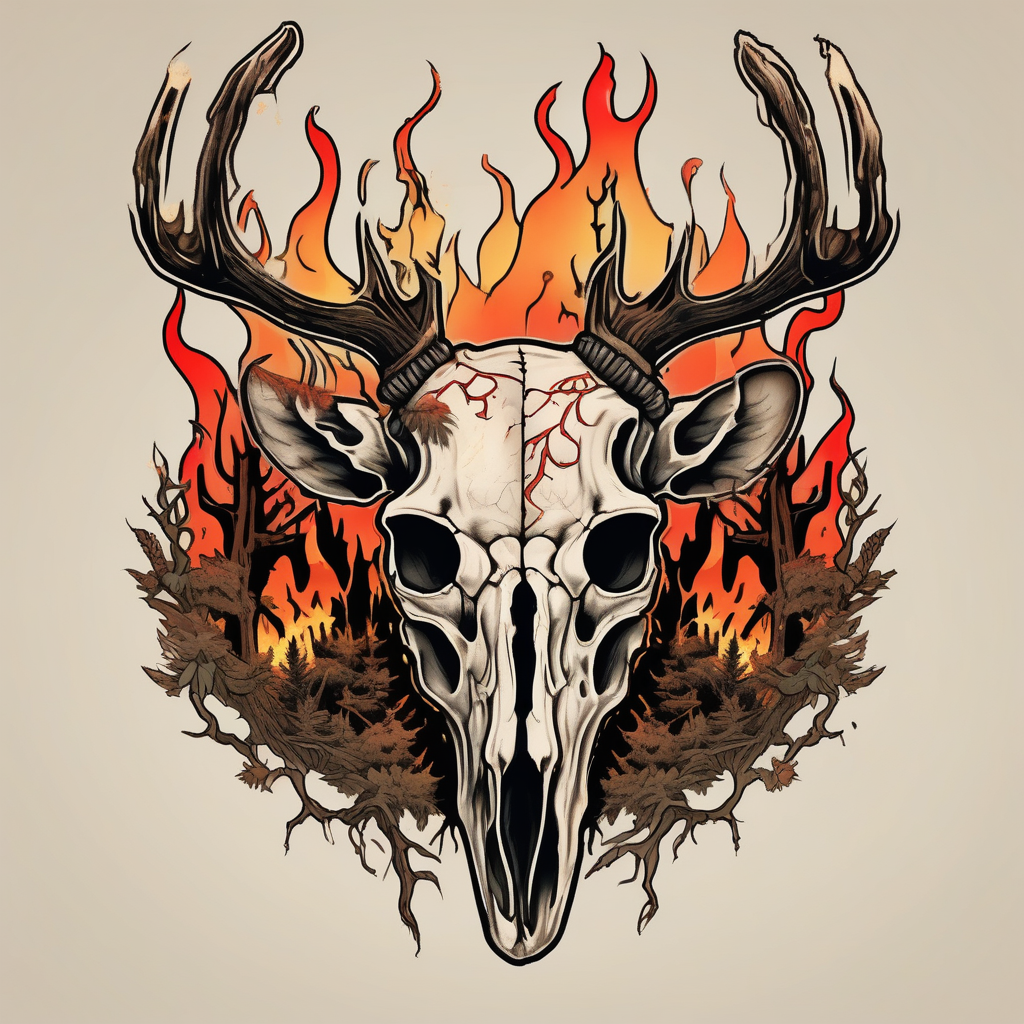 A frightening horror DECAYING deer skull JUST BONE side profile surrounded by a forest fire in background, diseño de tatuaje Old school generado con IA