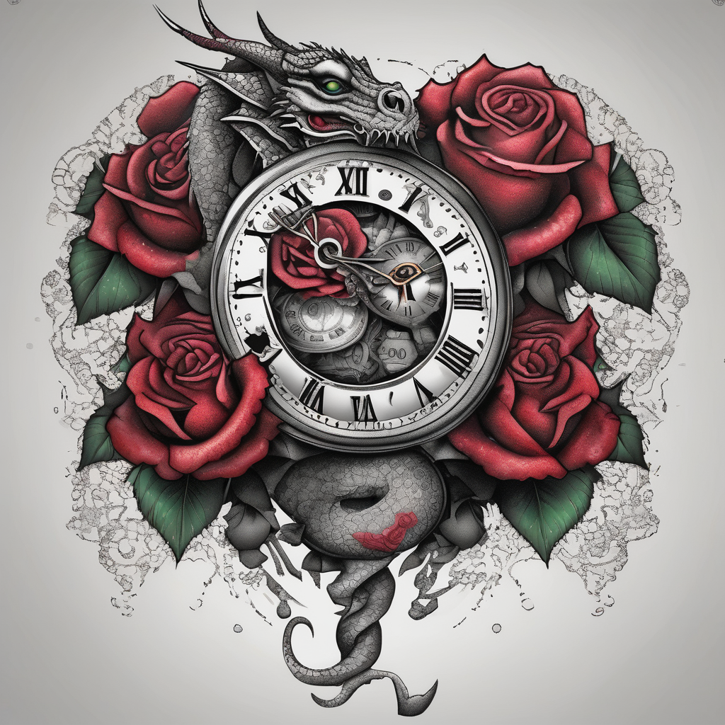 Horror dragon tattoo with clock, dollars and roses on background, diseño de tatuaje Dotwork generado con IA