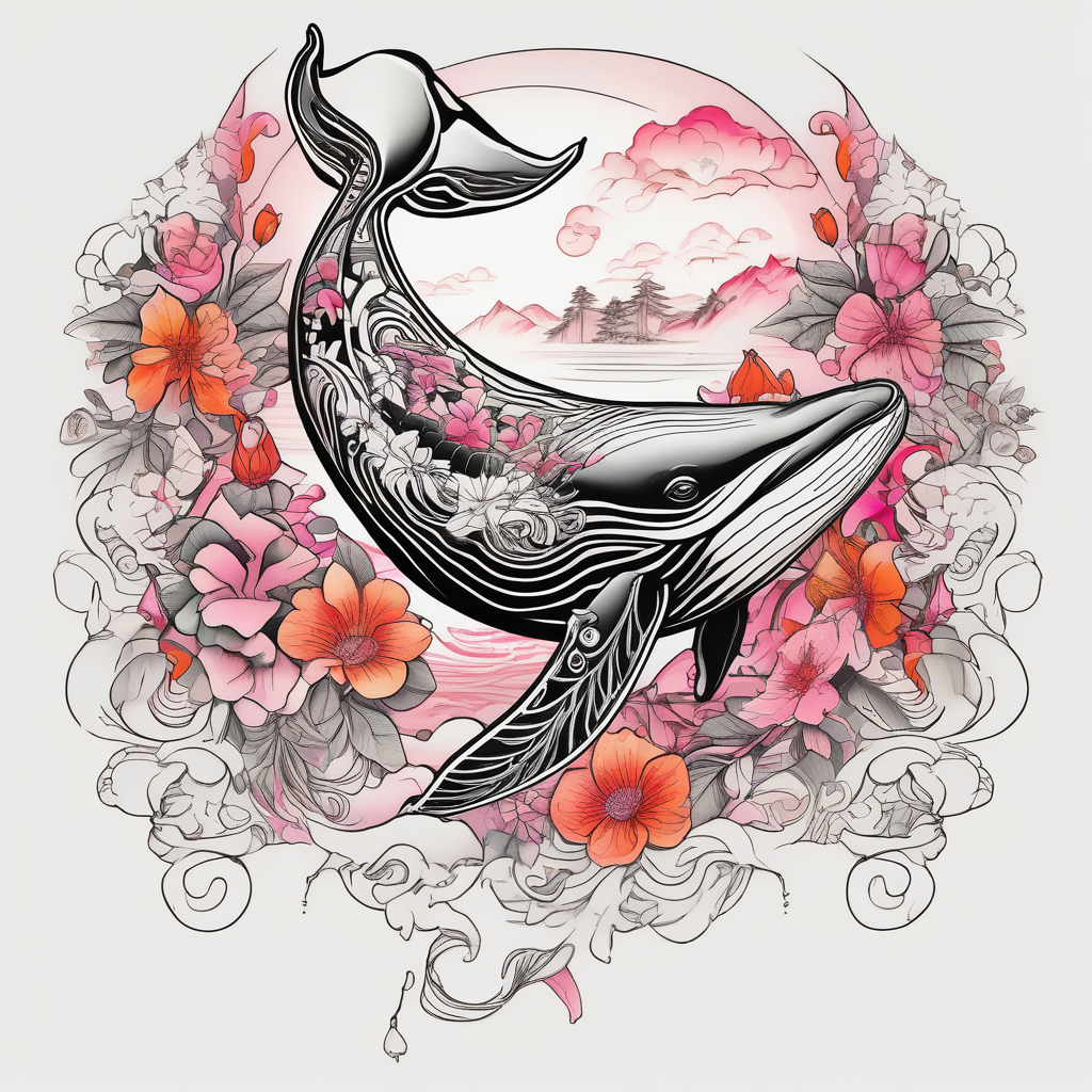 whale, hummingbird, face, flowers, bold color, collage, pink, orange, red, design de tatouage Japonais généré par IA