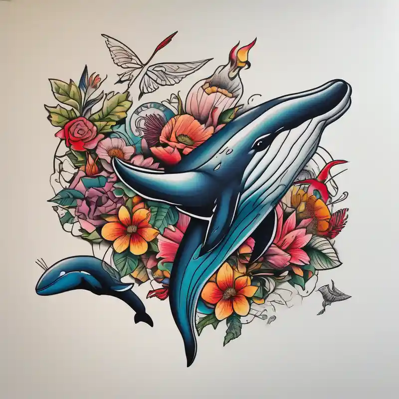 flowers, collage, whale and hummingbird