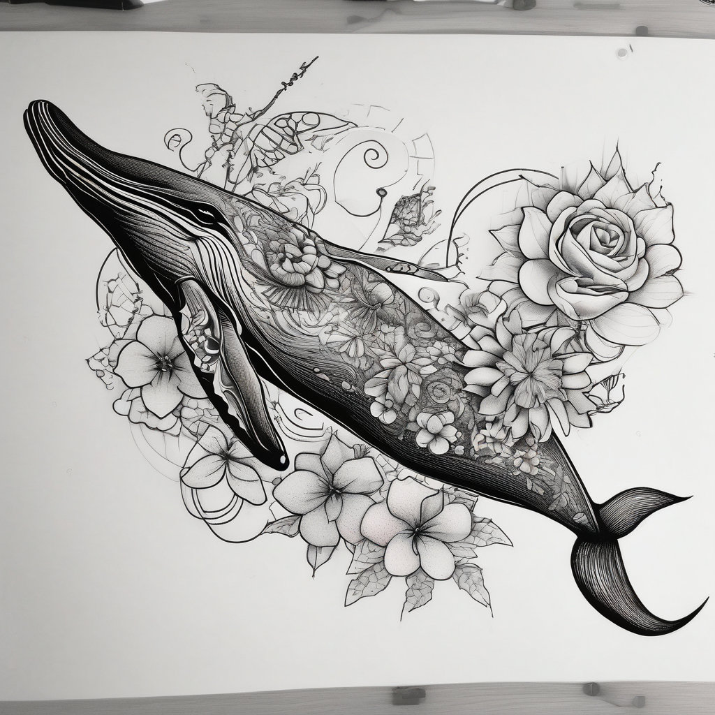 Small whale, hummingbird, face, flowers, bold color, collage, pink, orange, red, diseño de tatuaje Dotwork generado con IA
