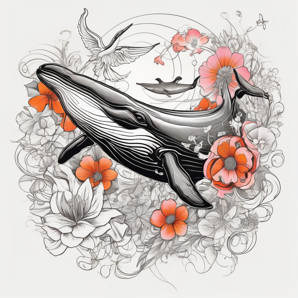 whale, hummingbird, face, flowers, bold color, collage, pink, orange, red, design de tatouage Croquis généré par IA