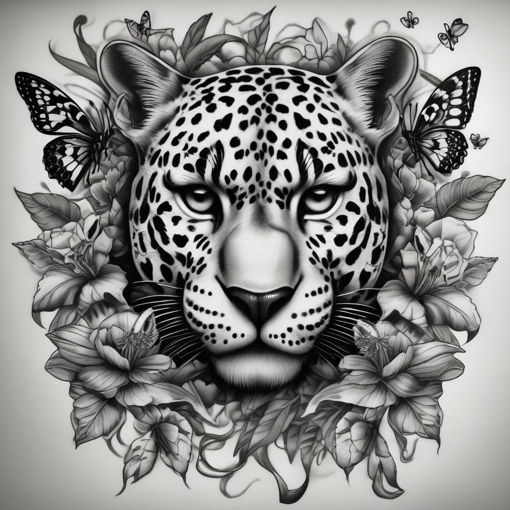 head of 3 jaguars (1 mother and 2 cubs) surrounded by butterflies and hummingbirds in new old school style(AIが生成したリアリズムスタイルのタトゥーデザイン)