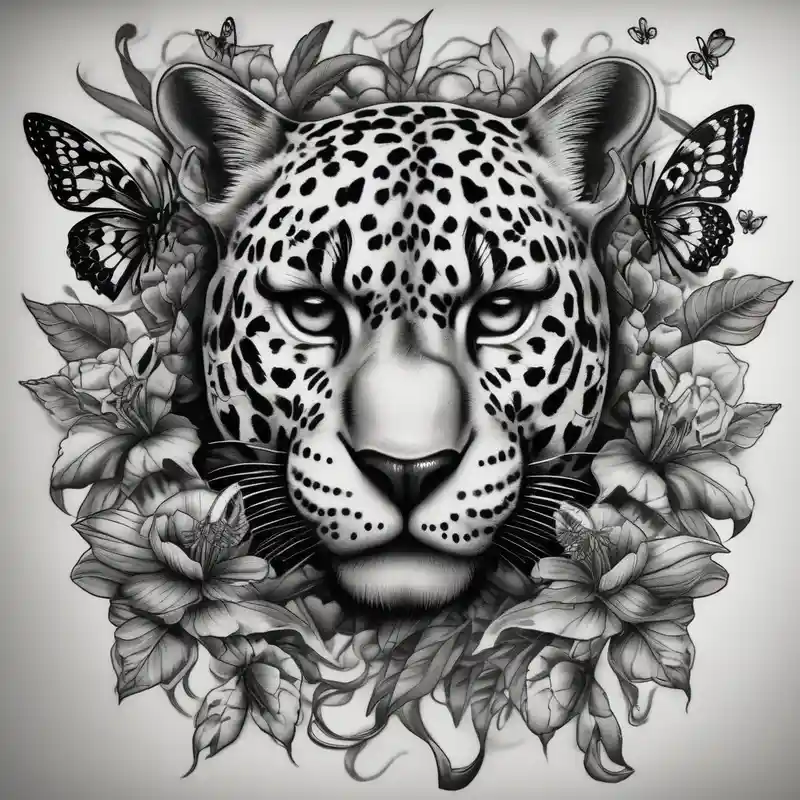 head of 3 jaguars (1 mother and 2 cubs) surrounded by butterflies and hummingbirds in new old school style – リアリスティック, 白黒