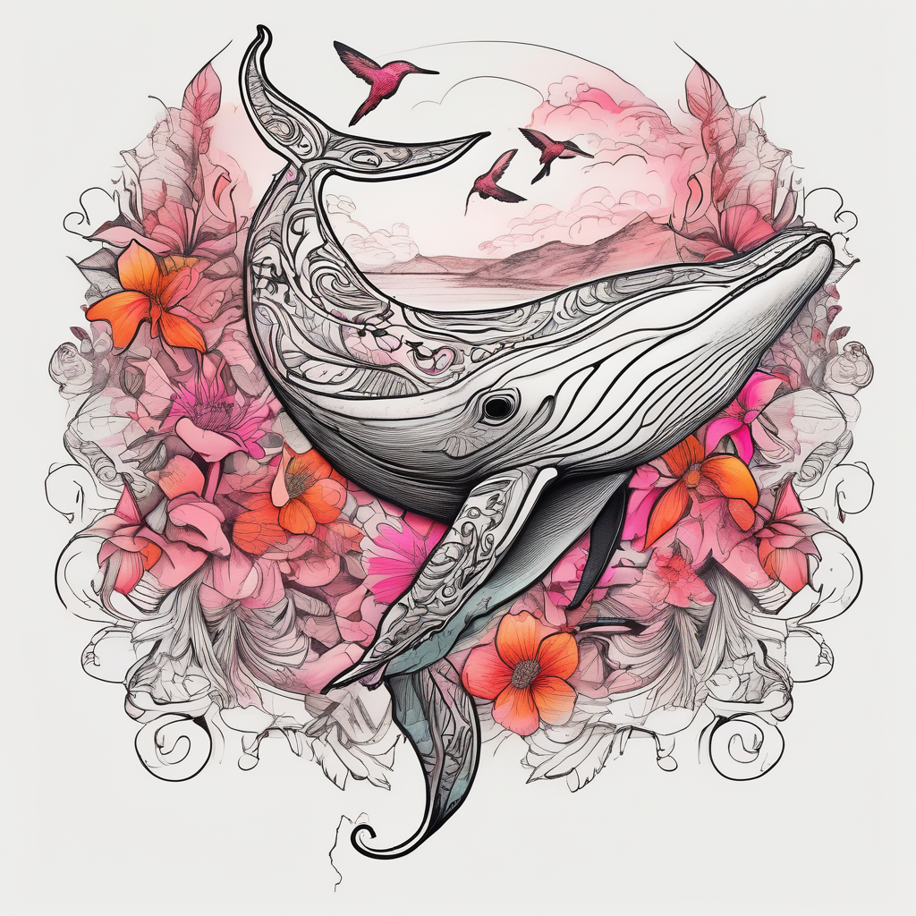 Small whale, hummingbird, face, flowers, bold color, collage, pink, orange, red, diseño de tatuaje Boceto generado con IA