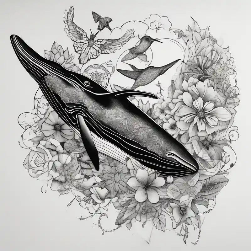 flowers, collage, whale and hummingbird – Blackwork, Couleurs vives