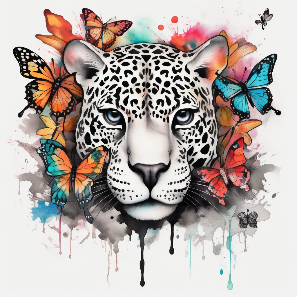 head of 3 jaguars (1 mother and 2 cubs) surrounded by butterflies and hummingbirds in new old school style(AIが生成した水彩スタイルのタトゥーデザイン)