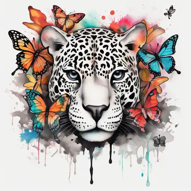 head of 3 jaguars (1 mother and 2 cubs) surrounded by butterflies and hummingbirds in new old school style