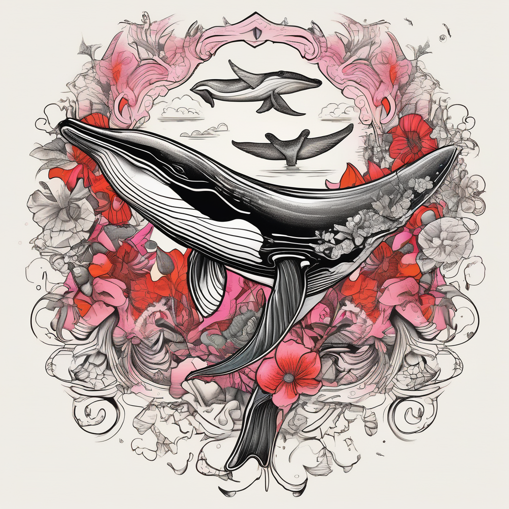 Surreal, whale, hummingbird, face, flowers, bold color, collage, pink, orange, red, design de tatouage Old school généré par IA