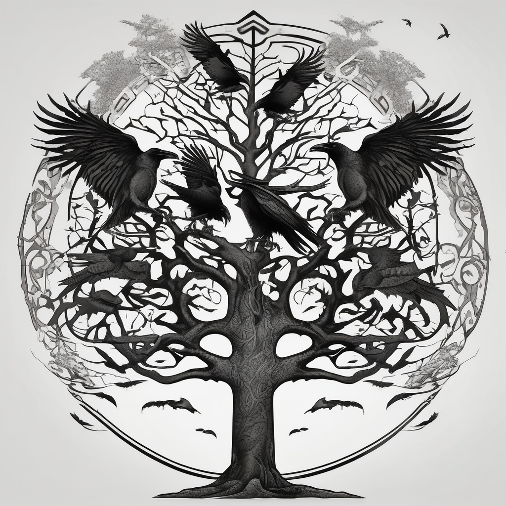 Irish family tree with 3 flying ravens, diseño de tatuaje Surrealista generado con IA