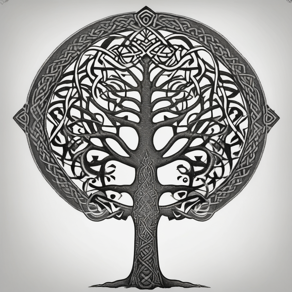 Irish shoulder tattoo, that is non-religious and has a Celtic tree(AIが生成したドットワークスタイルのタトゥーデザイン)
