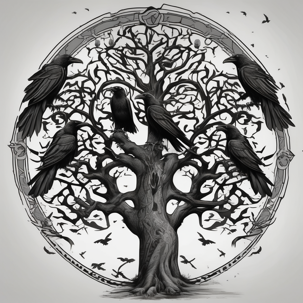 Irish family tree with 3 flying ravens, diseño de tatuaje Blanco y negro generado con IA