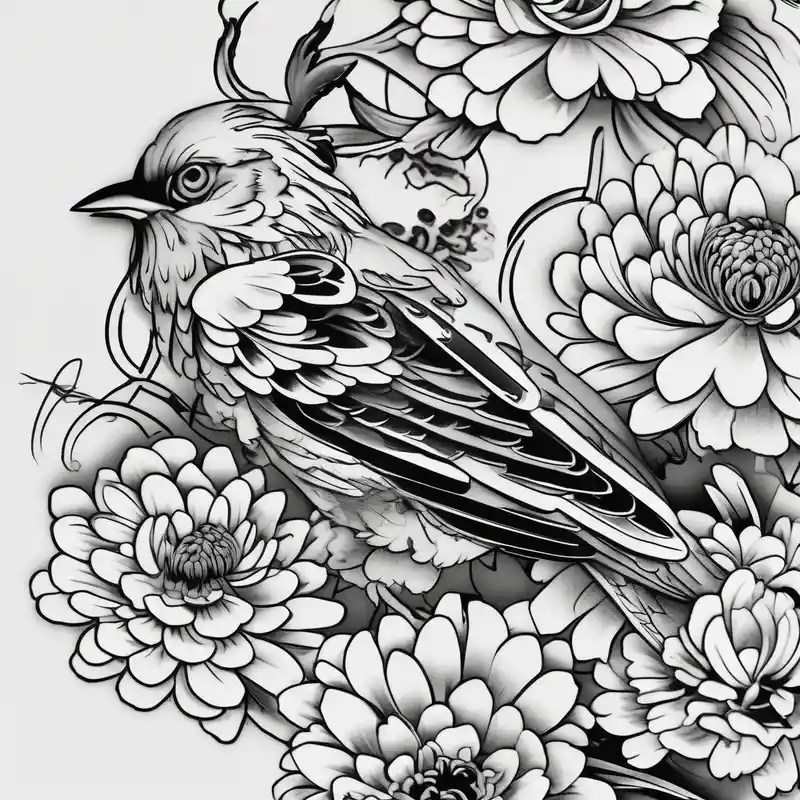 Sparrows and chrysanthemums