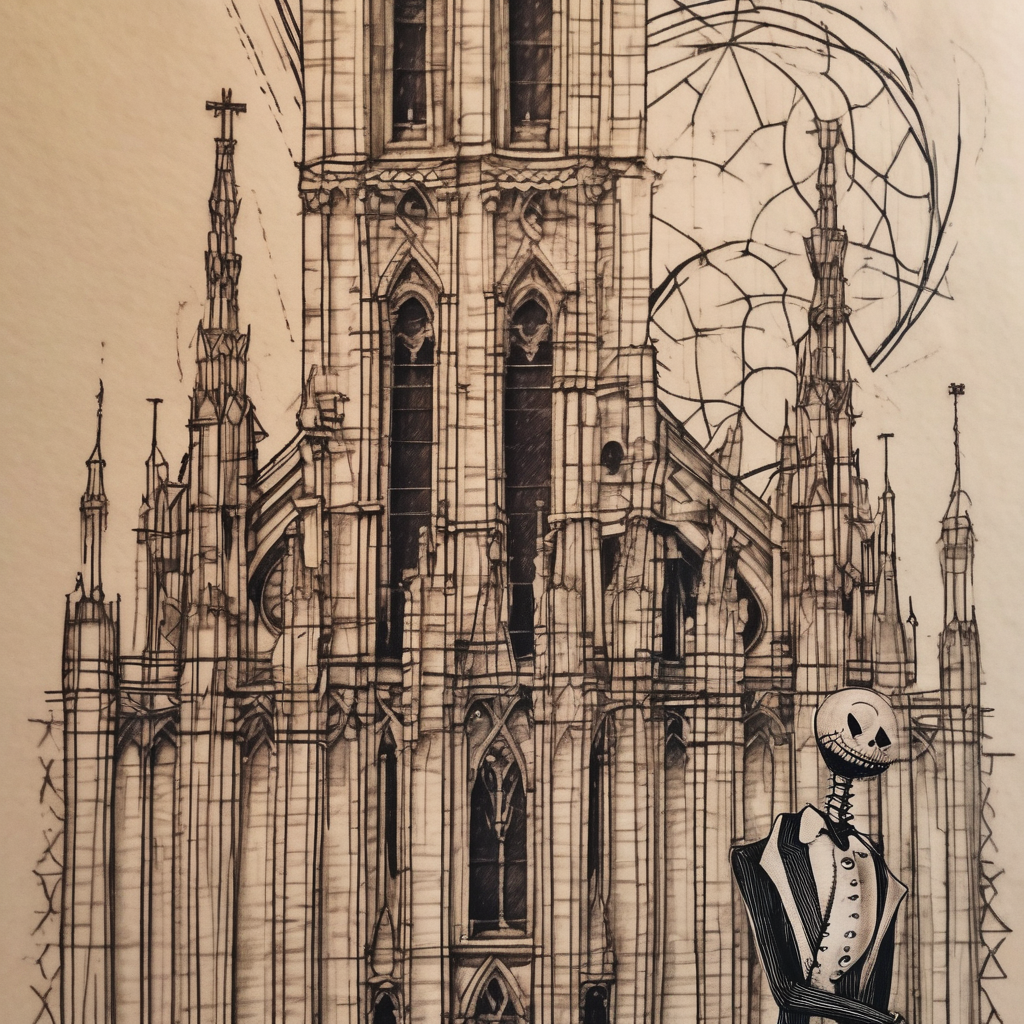 jack skellington on duomo of milano jack-sparrow(AIが生成したブラックワークスタイルのタトゥーデザイン)