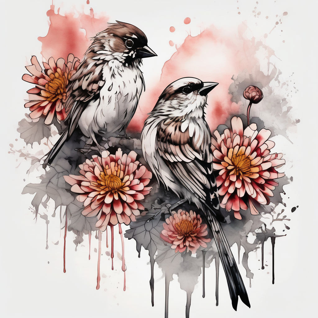 Sparrows and chrysanthemums jack-sparrow(AIが生成した水彩スタイルのタトゥーデザイン)
