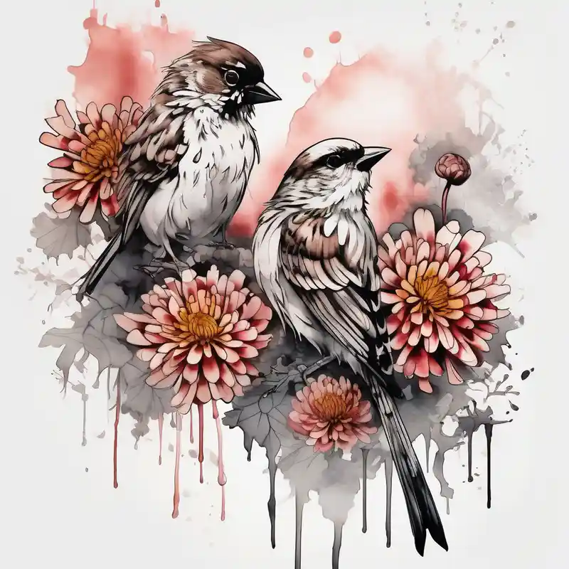 Sparrows and chrysanthemums – 水彩, 白黒
