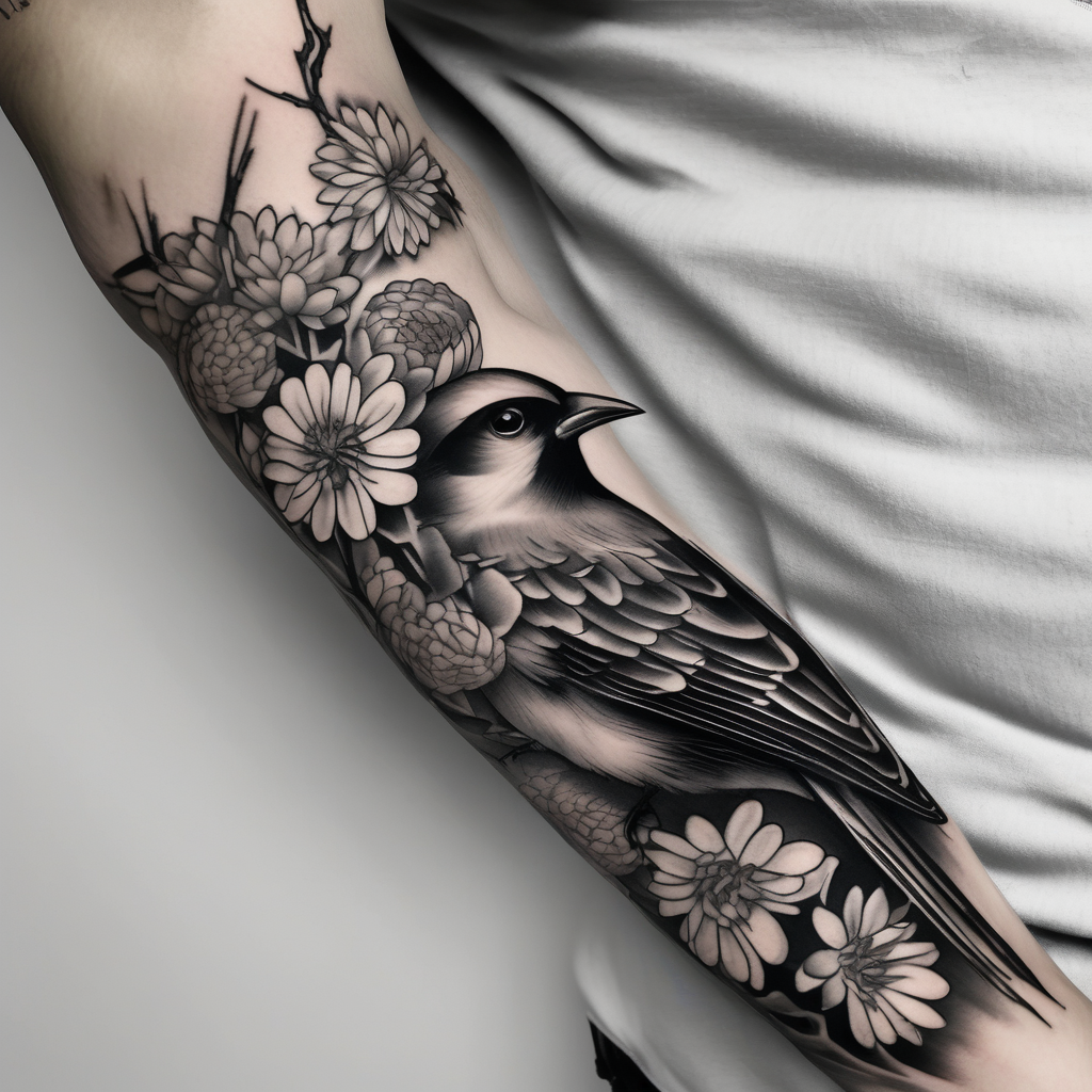 Arm with sparrows and cheysanthemums black only in a Japanese style jack-sparrow(AIが生成したリアリズムスタイルのタトゥーデザイン)