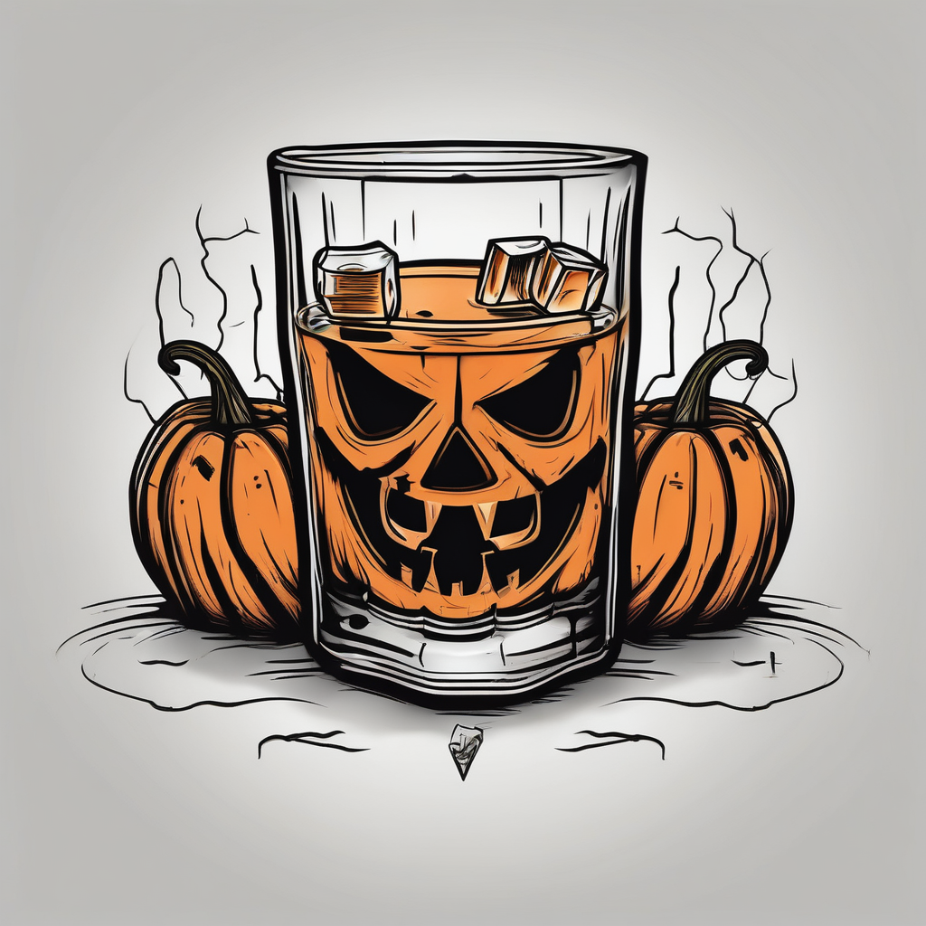 glass of whiskey with one single ice cube that is the Halloween jack-o-lantern jack-sparrow(AIが生成したオールドスクールスタイルのタトゥーデザイン)