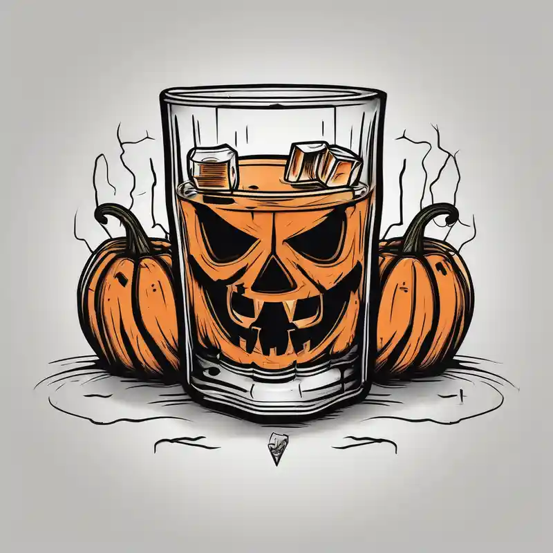 glass of whiskey with one single ice cube that is the Halloween jack-o-lantern