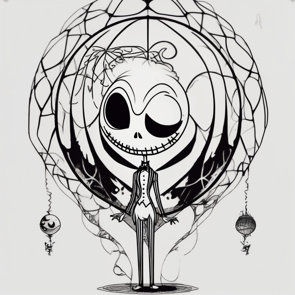 Sally holding a ballon with jack skellignton's face jack-sparrow(AIが生成したブラックワークスタイルのタトゥーデザイン)