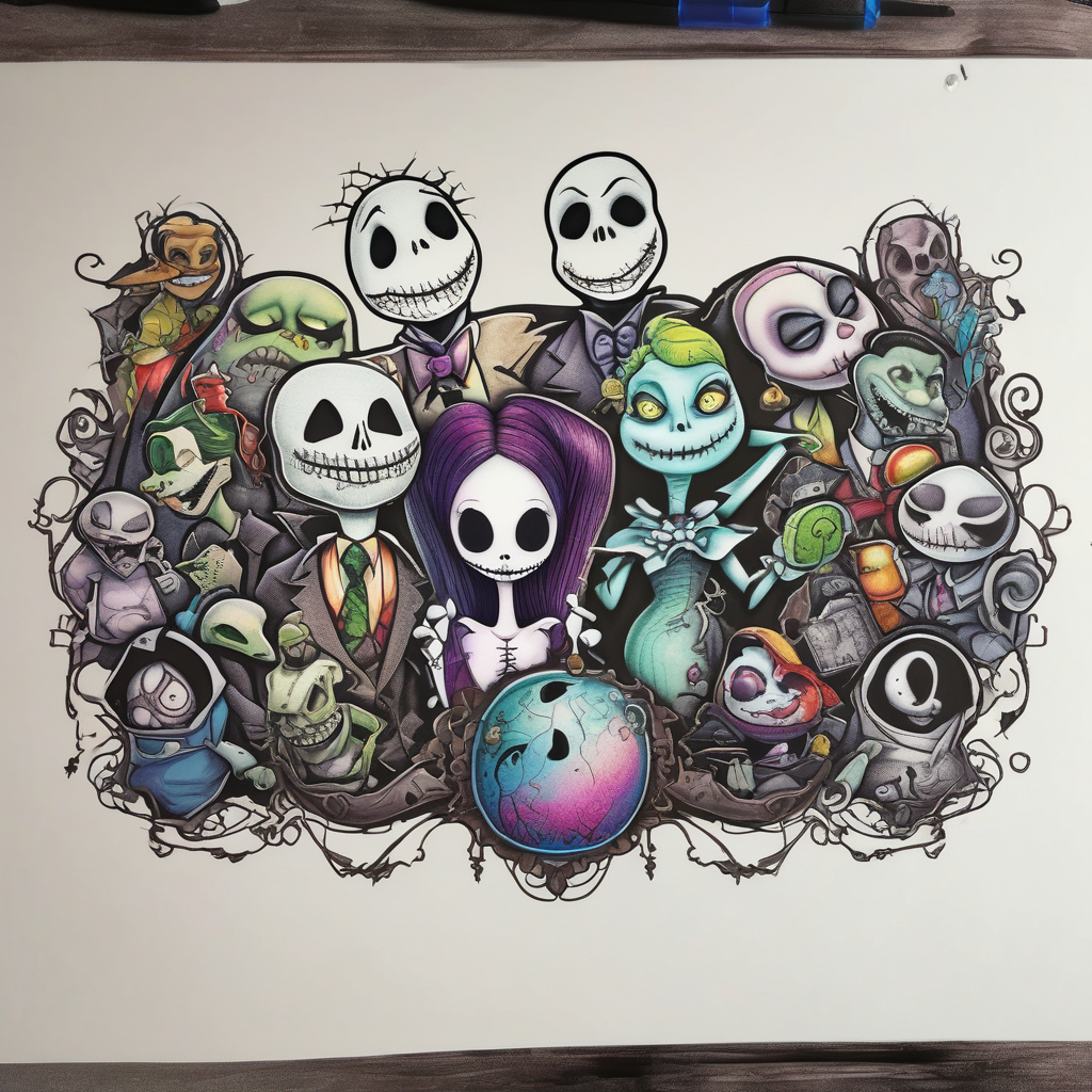 Characters from the movie the nightmare before christmas, Jack skellington, Sally, Oogie Boogie, the mayor and lock, shock and barrel, in a cute was and pointillism, jack-sparrow(AIが生成したドットワークスタイルのタトゥーデザイン)