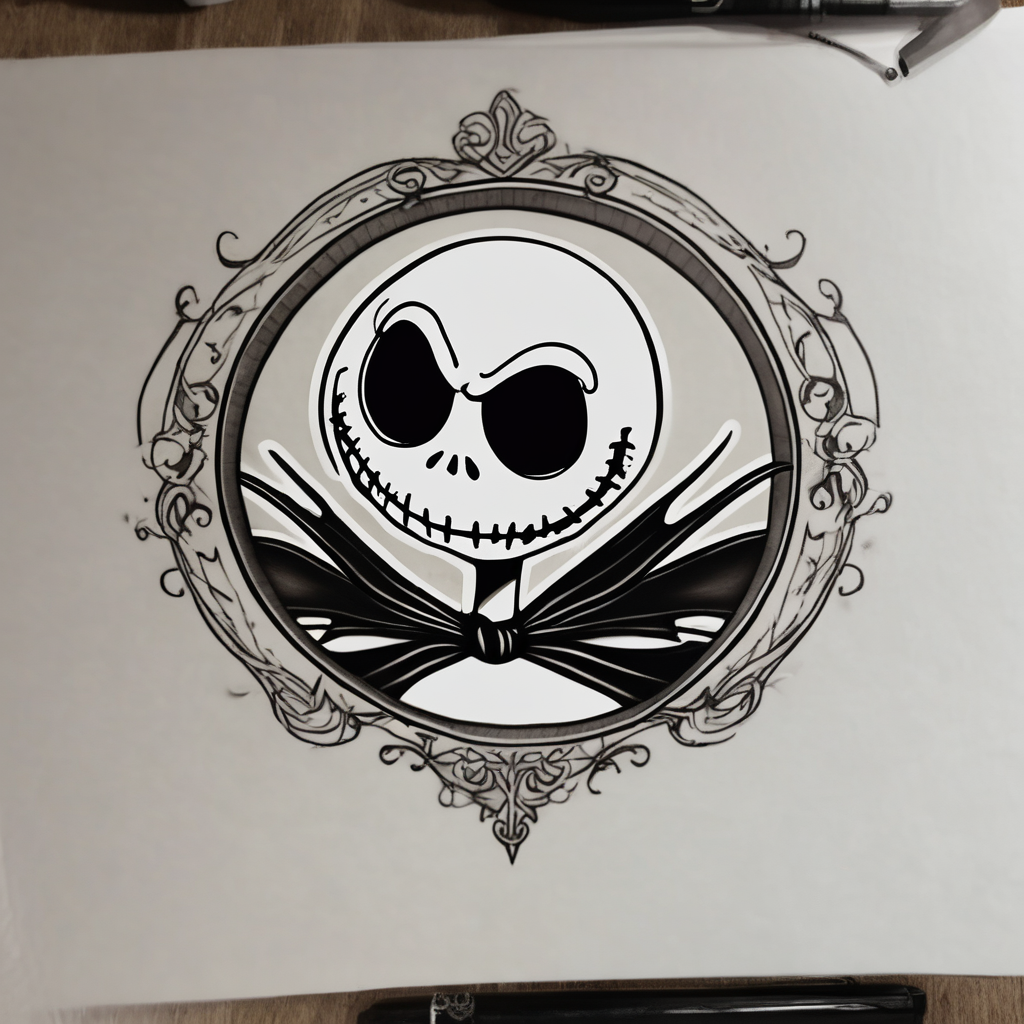 Jack Skellington with letter "A" and date 07/06/2023 jack-sparrow(AIが生成したリアリズムスタイルのタトゥーデザイン)