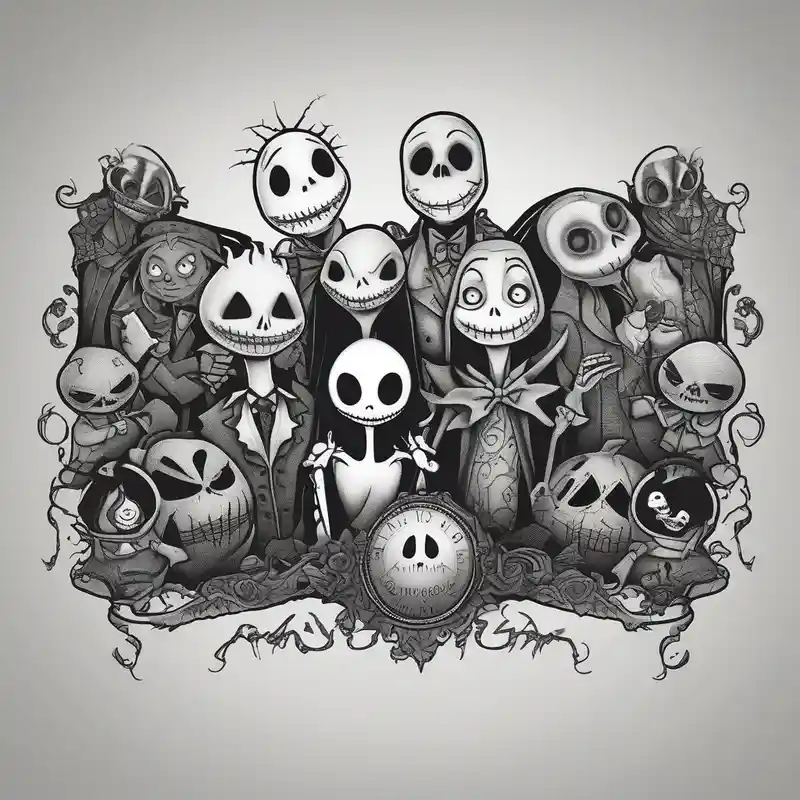 Characters from the movie the nightmare before christmas, Jack skellington, Sally, Oogie Boogie, the mayor and lock, shock