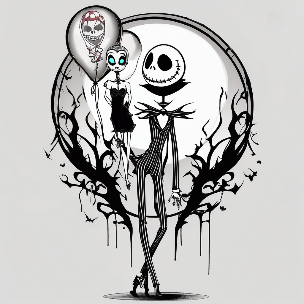 Sally holding a ballon with jack skellignton's face jack-sparrow(AIが生成したオールドスクールスタイルのタトゥーデザイン)