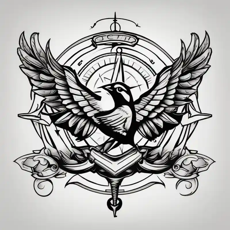 flying sparrow with anchor and compass – オールドスクール, 白黒