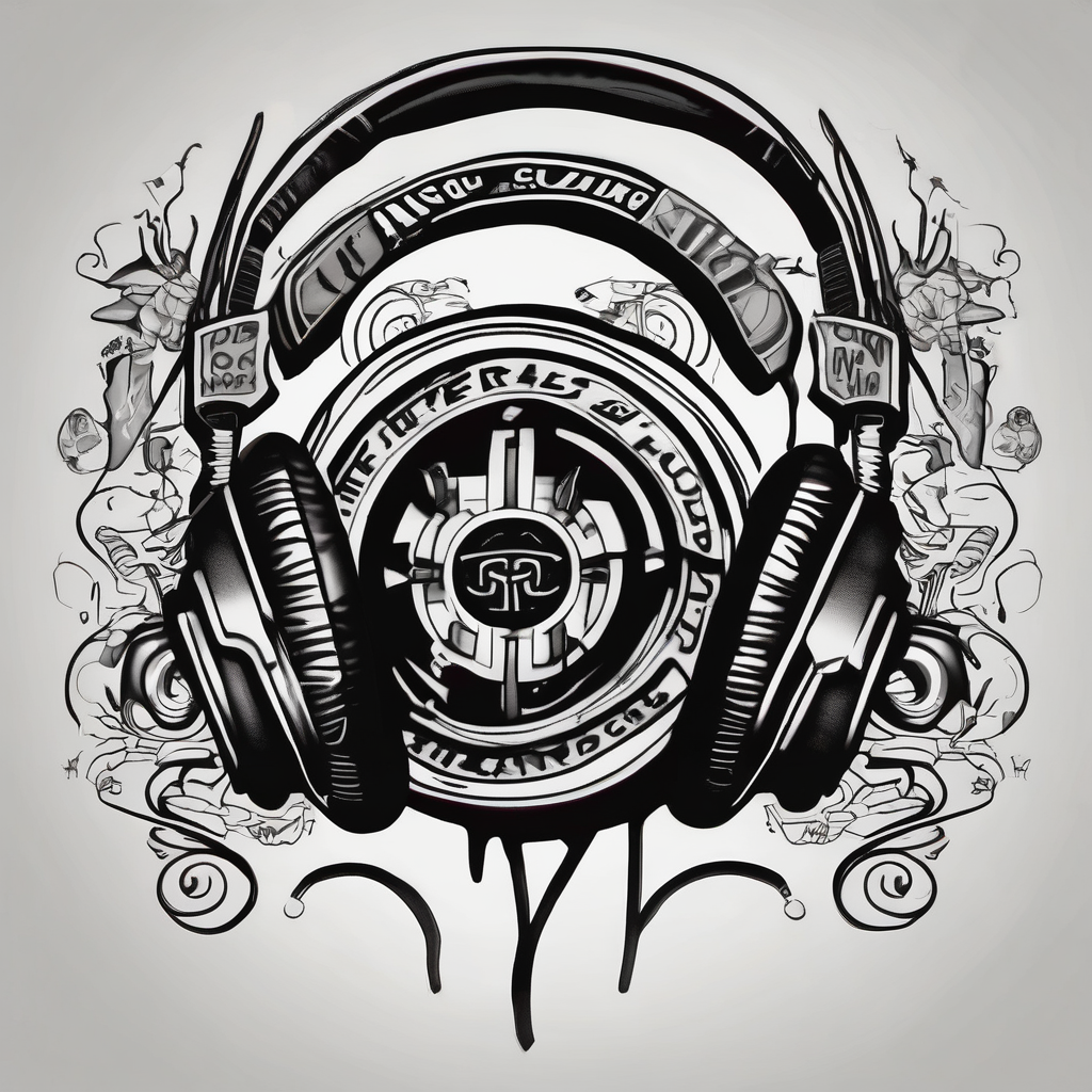 "Guizbo" headphone jack cable as lettering music themed rock and roll djing vinyl disc jack-sparrow(AIが生成した白黒スタイルのタトゥーデザイン)
