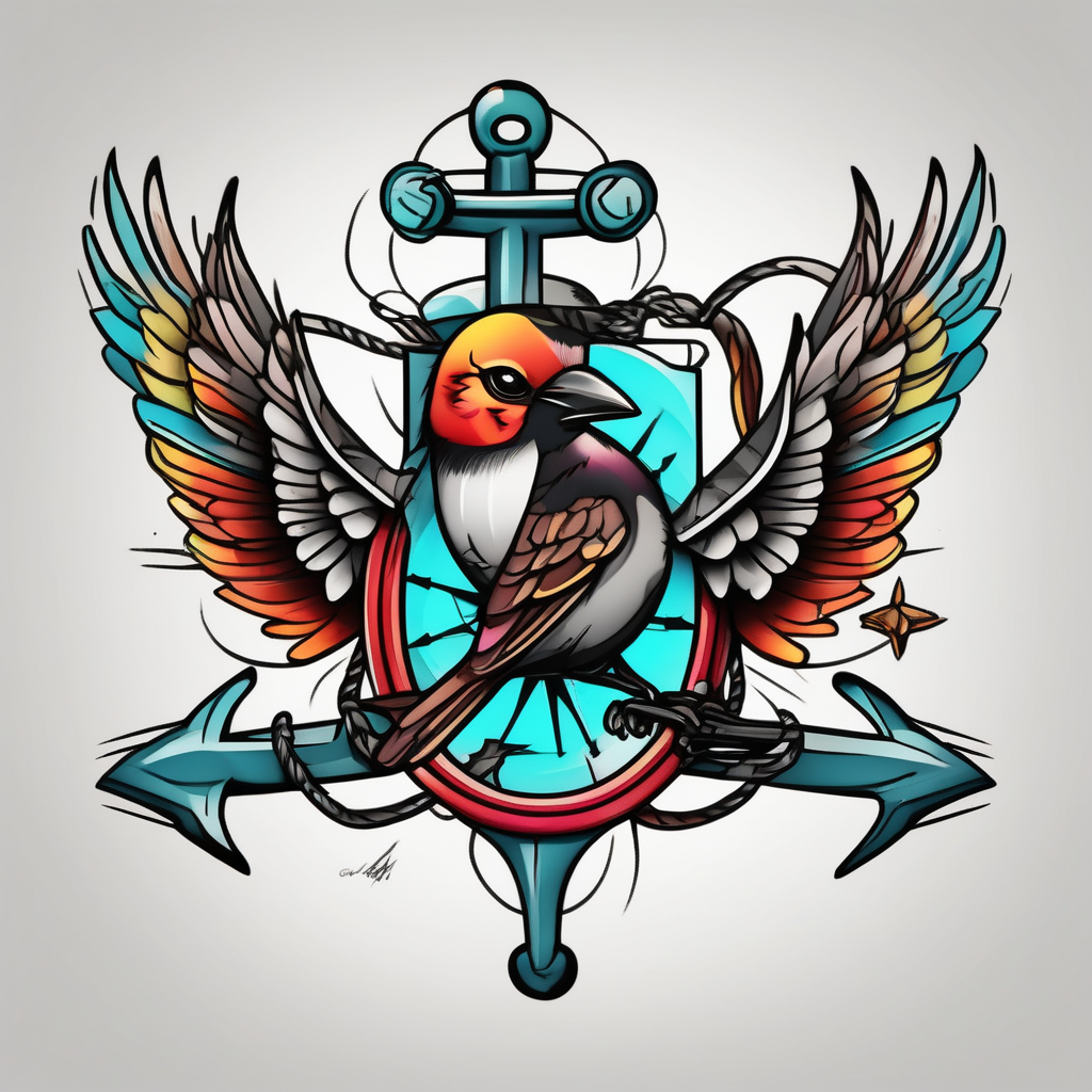 flying sparrow with anchor and compass jack-sparrow(AIが生成したカートゥーンスタイルのタトゥーデザイン)