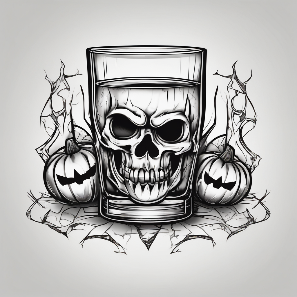 glass of whiskey with one single ice cube that is the Halloween jack-o-lantern jack-sparrow(AIが生成した和彫りスタイルのタトゥーデザイン)
