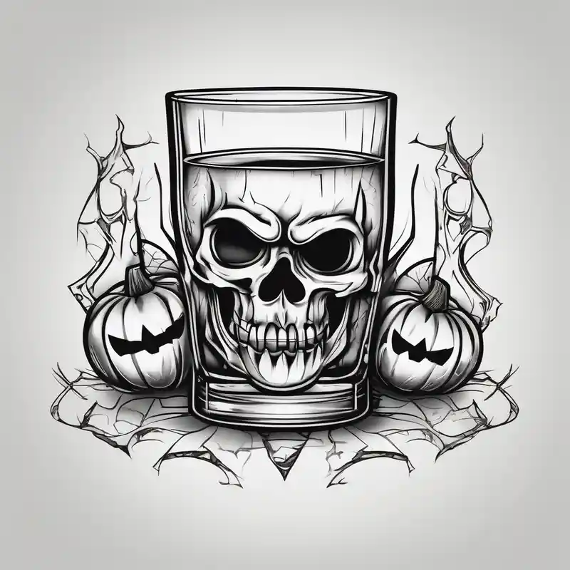 glass of whiskey with one single ice cube that is the Halloween jack-o-lantern – 和彫り, 白黒