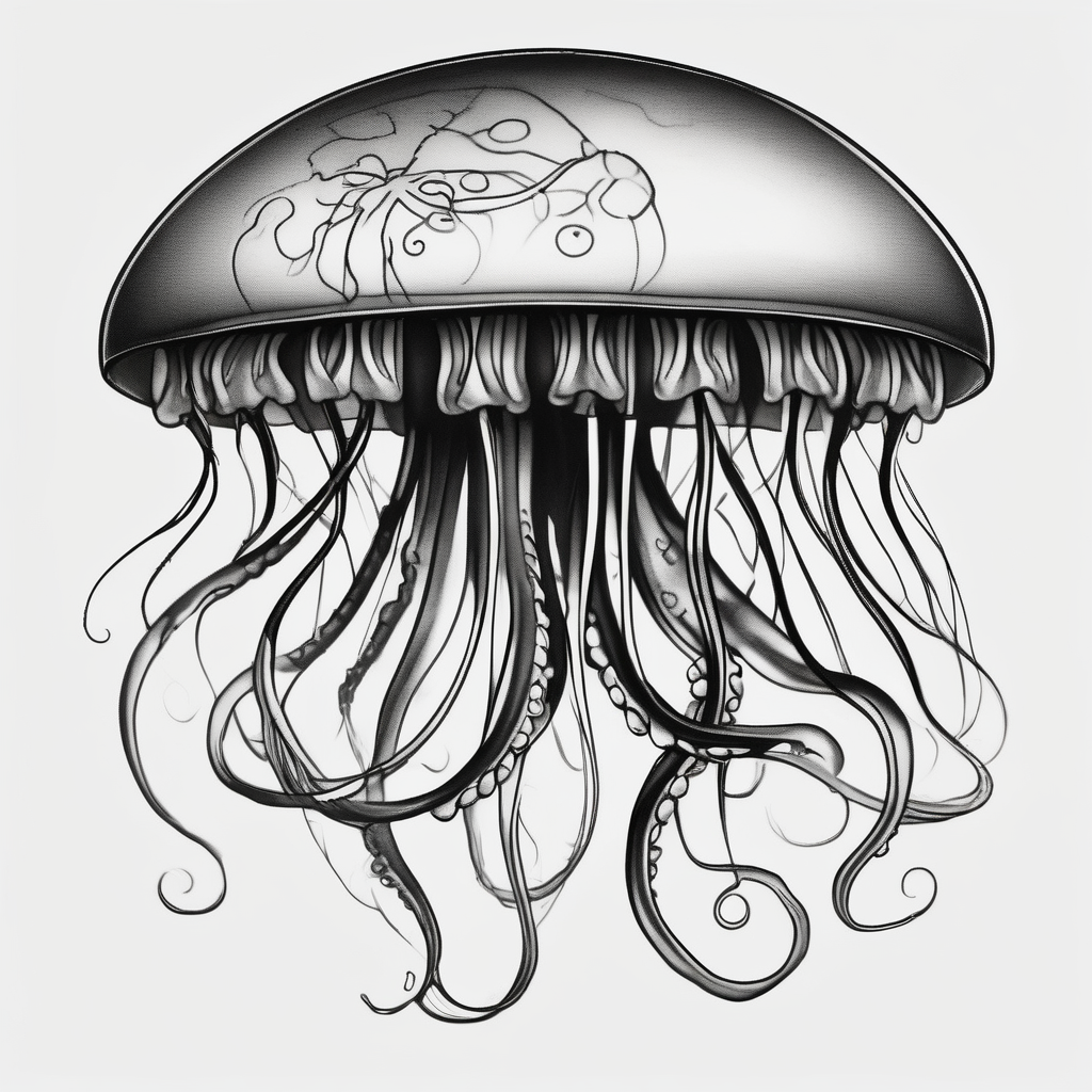 jellyfish with a small head and really long tentacles. Add clouds behind it like it’s floating in the sky, AI-generated 3d tattoo design