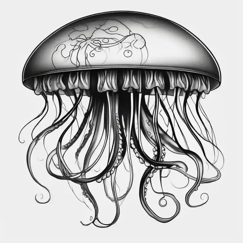 jellyfish with a small head and really long tentacles. Add clouds behind it like it’s floating in the sky – 3d, Black and white