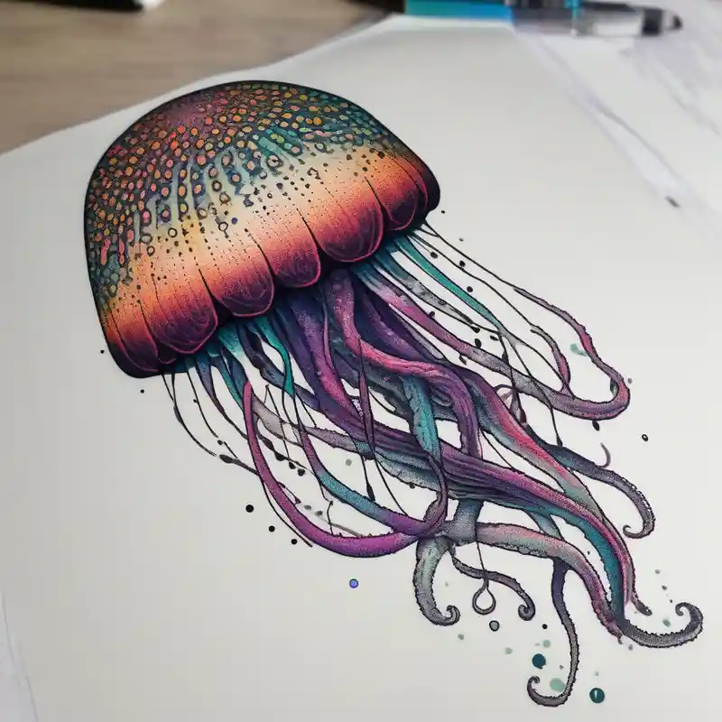 jellyfish with a small head and really long tentacles – Dotwork, Vibrant color