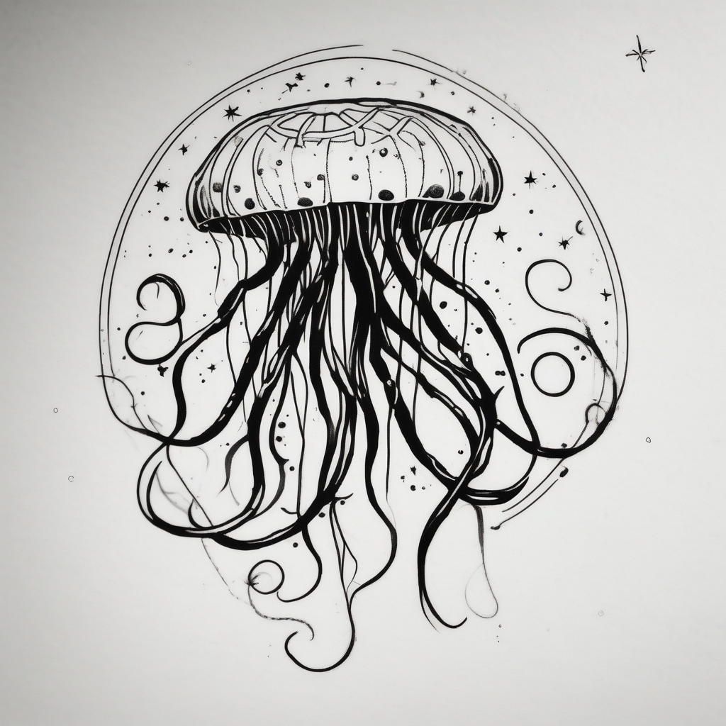 Small jellyfish with Scorpio Star constellation behind it, diseño de tatuaje Boceto generado con IA