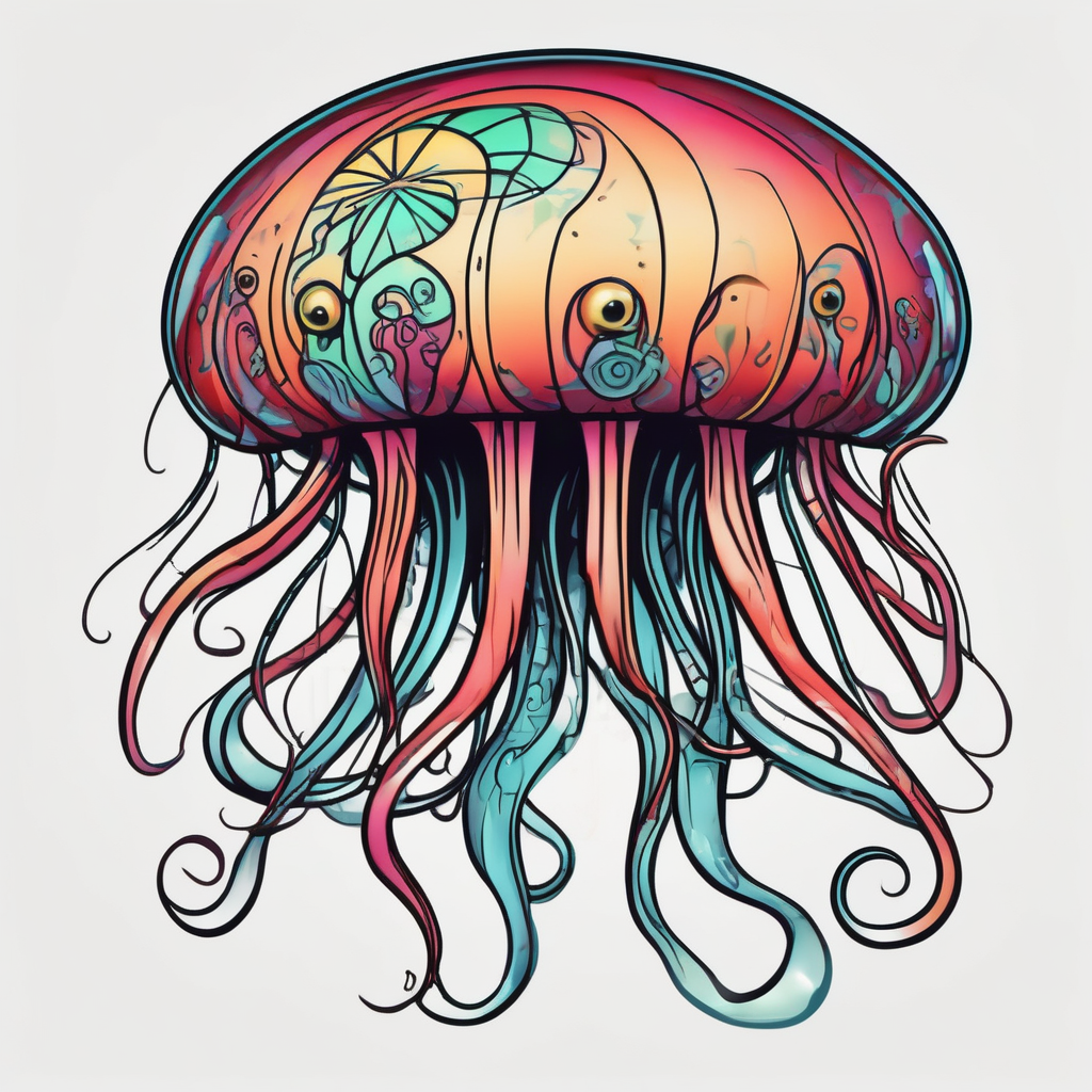 jellyfish with a small head and really long tentacles, diseño de tatuaje Cartoon generado con IA