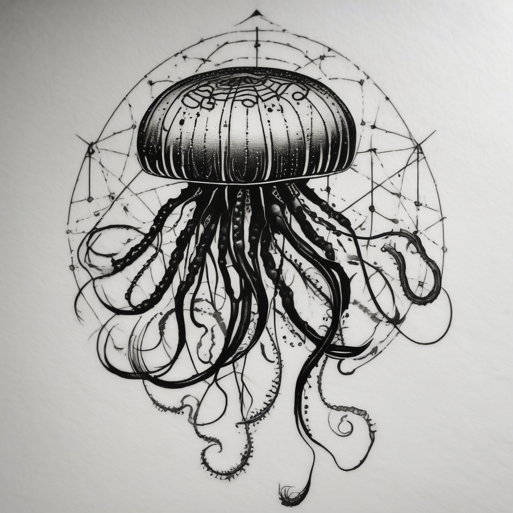 Small jellyfish with Scorpio Star constellation behind it, AI-generated Blackwork tattoo design