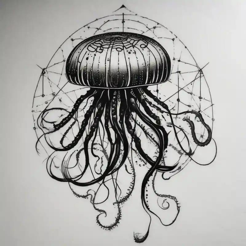 Small jellyfish with Scorpio Star constellation behind it – Blackwork, Black and white