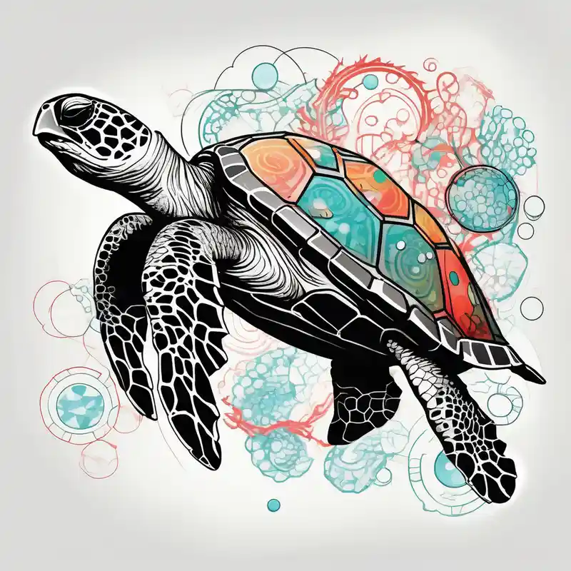 large sea turtle swimming from left to right with corral around it and bubbles from the ocean water, plus next to it is a